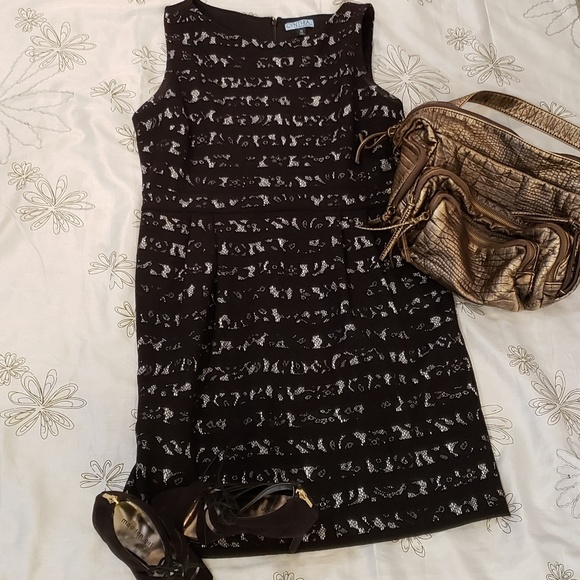 Cynthia Rowley Lace Print Knit Dress Office Dark Academia Pockets Sheath Sz 14 - Picture 6 of 14